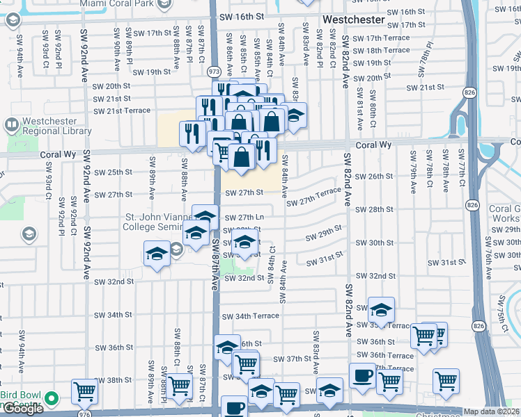 map of restaurants, bars, coffee shops, grocery stores, and more near 8430 Southwest 27th Terrace in Miami