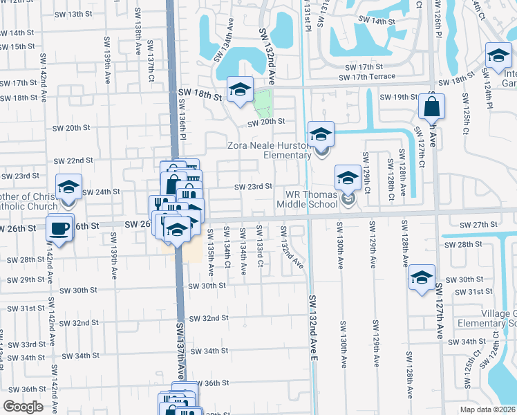 map of restaurants, bars, coffee shops, grocery stores, and more near 13200 Southwest 25th Street in Miami