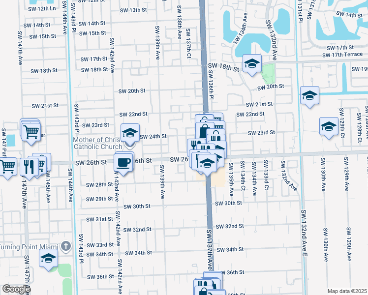map of restaurants, bars, coffee shops, grocery stores, and more near 2449 Southwest 138th Avenue in Miami