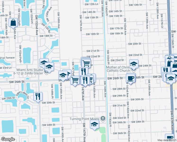 map of restaurants, bars, coffee shops, grocery stores, and more near 2419 Southwest 147th Avenue in Miami