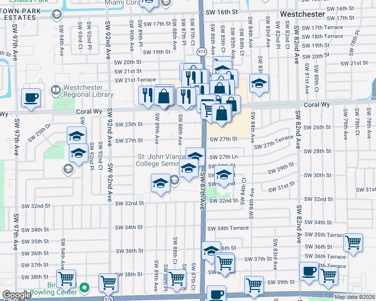 map of restaurants, bars, coffee shops, grocery stores, and more near 8775 Southwest 28th Street in Miami