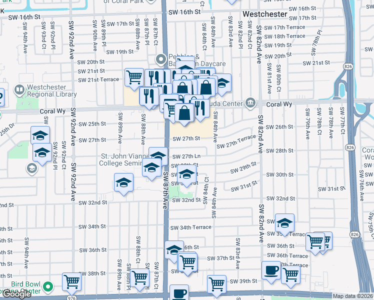 map of restaurants, bars, coffee shops, grocery stores, and more near 8530 Southwest 27th Terrace in Miami