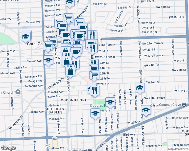 map of restaurants, bars, coffee shops, grocery stores, and more near 3100 Southwest 37th Avenue in Miami