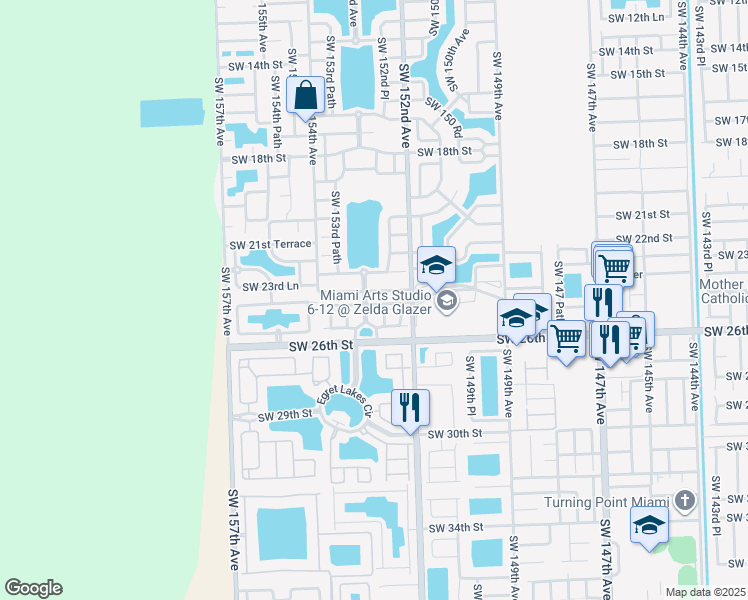 map of restaurants, bars, coffee shops, grocery stores, and more near 15273 Southwest 24th Street in Miami