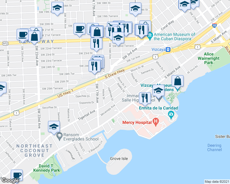 map of restaurants, bars, coffee shops, grocery stores, and more near 1630 Onaway Drive in Miami