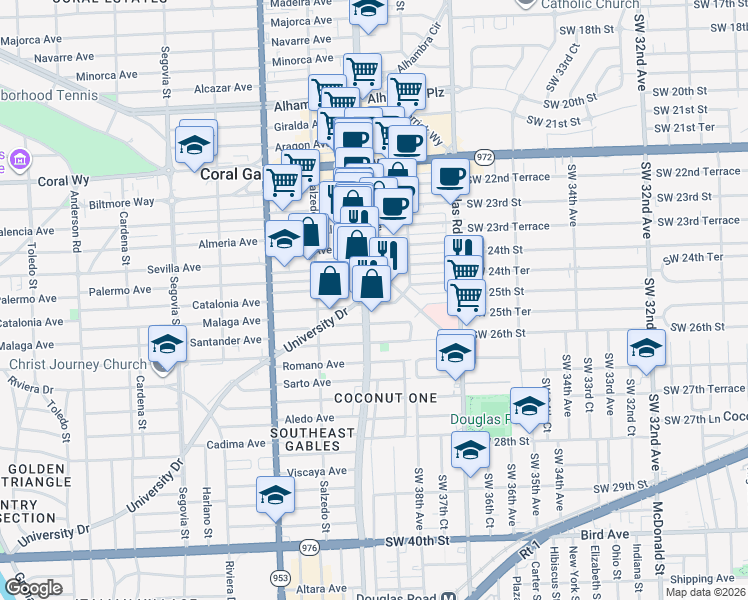 map of restaurants, bars, coffee shops, grocery stores, and more near 3001 Ponce de Leon in Coral Gables