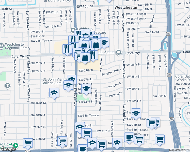map of restaurants, bars, coffee shops, grocery stores, and more near 8430 Southwest 27th Terrace in Miami