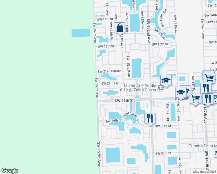 map of restaurants, bars, coffee shops, grocery stores, and more near 15508 Southwest 24th Terrace in Miami