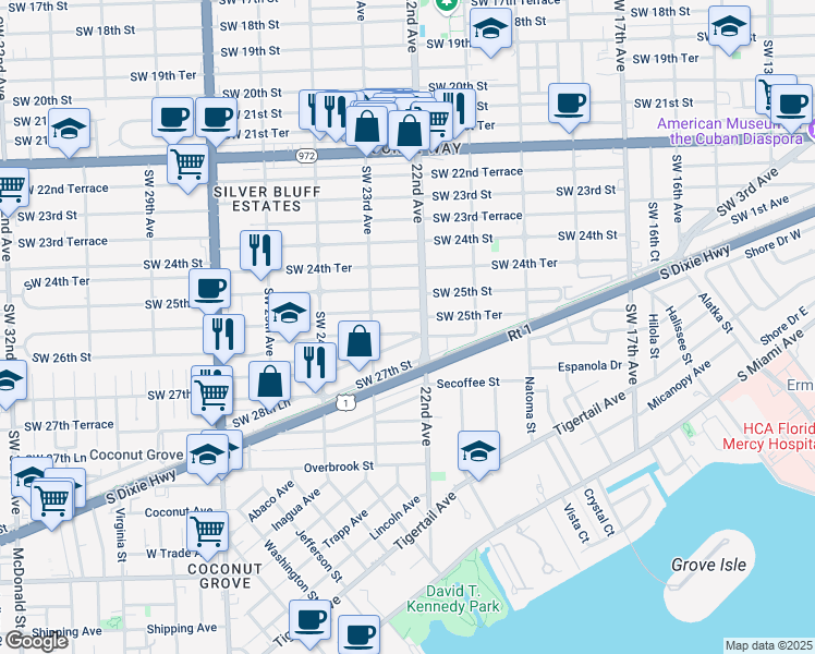 map of restaurants, bars, coffee shops, grocery stores, and more near 2231 Southwest 26th Street in Miami