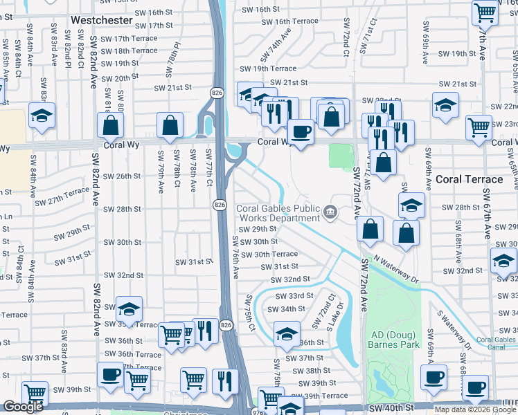 map of restaurants, bars, coffee shops, grocery stores, and more near 7530 Southwest 28th Street in Miami