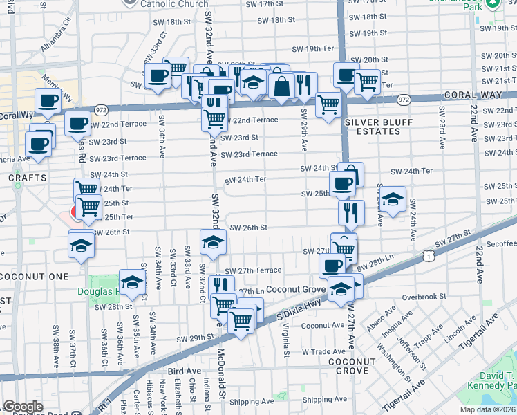 map of restaurants, bars, coffee shops, grocery stores, and more near 3129 Southwest 25th Terrace in Miami