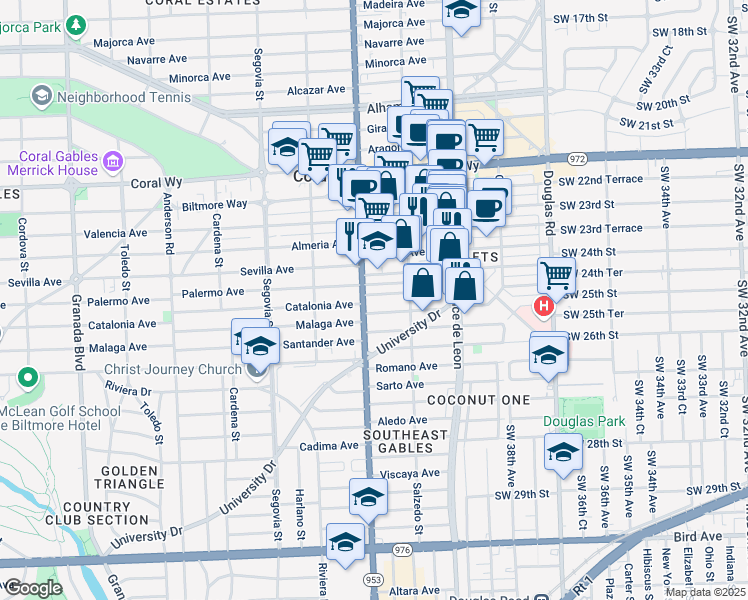 map of restaurants, bars, coffee shops, grocery stores, and more near 346 Catalonia Avenue in Coral Gables