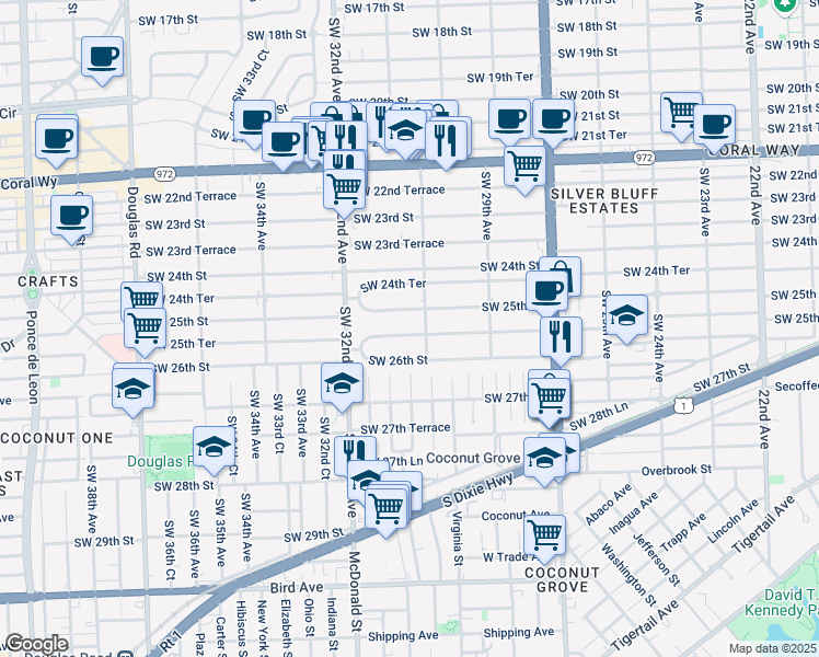 map of restaurants, bars, coffee shops, grocery stores, and more near 3121 Southwest 25th Terrace in Miami