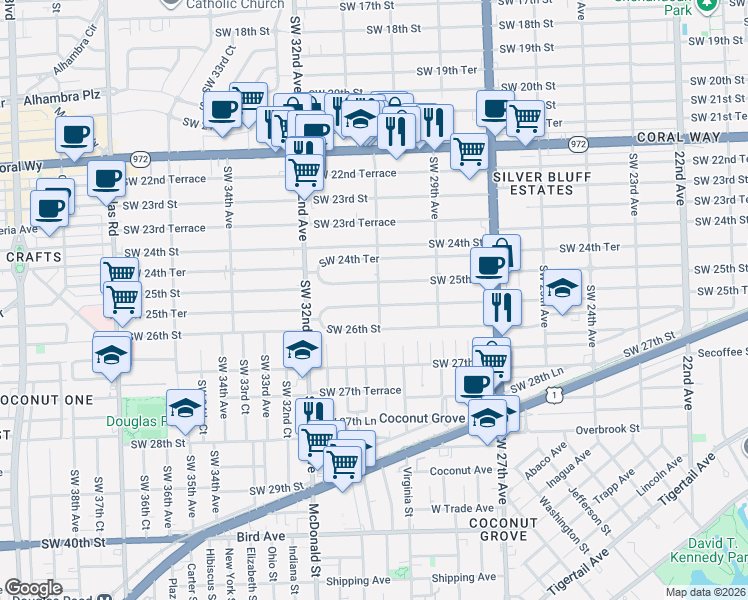 map of restaurants, bars, coffee shops, grocery stores, and more near 3129 Southwest 25th Terrace in Miami