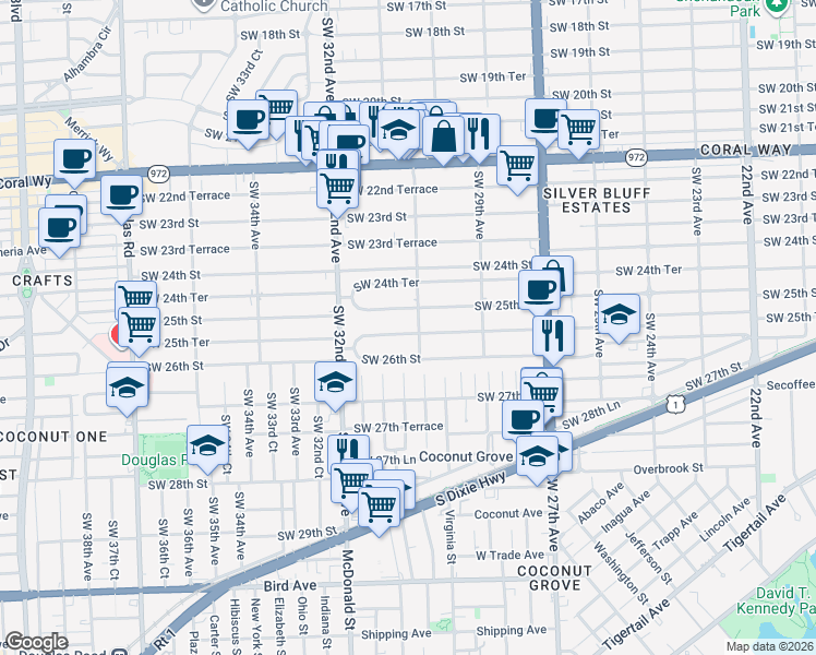 map of restaurants, bars, coffee shops, grocery stores, and more near 3129 Southwest 25th Terrace in Miami