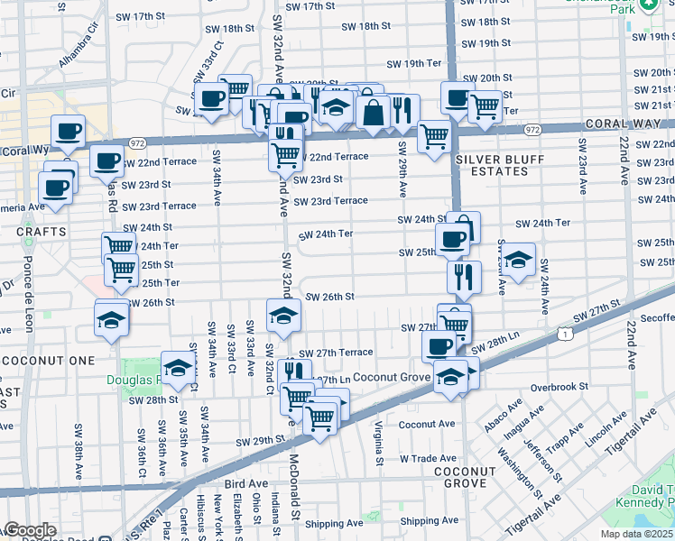 map of restaurants, bars, coffee shops, grocery stores, and more near 3129 Southwest 25th Terrace in Miami