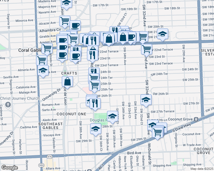 map of restaurants, bars, coffee shops, grocery stores, and more near 3562 Southwest 25th Street in Miami