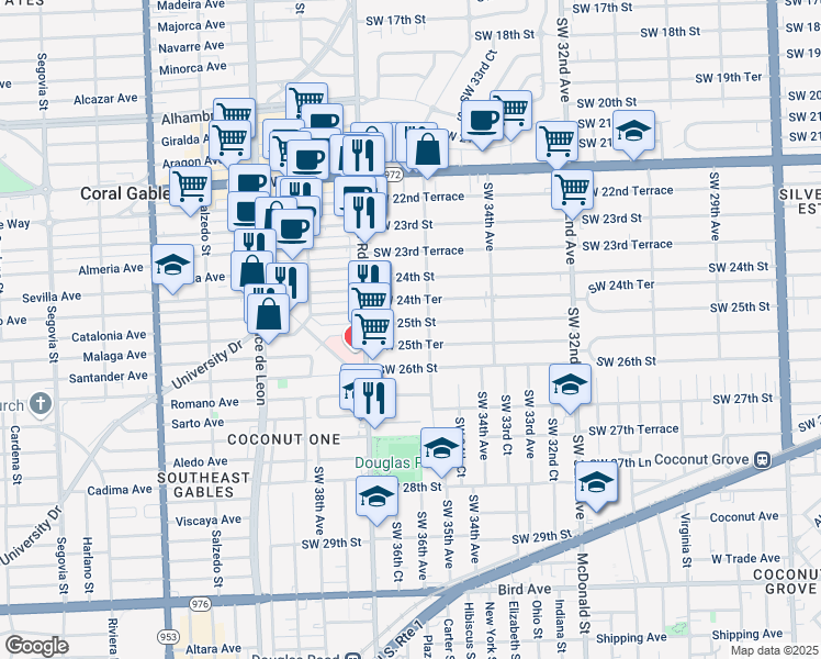 map of restaurants, bars, coffee shops, grocery stores, and more near 3654 Southwest 25th Street in Miami