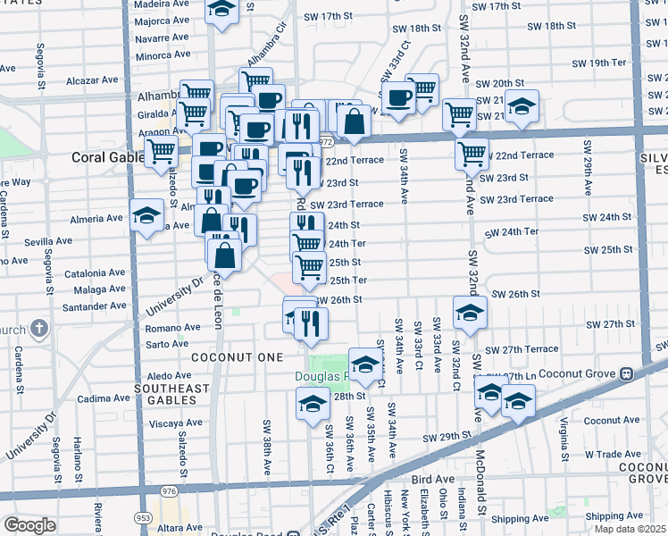 map of restaurants, bars, coffee shops, grocery stores, and more near 3654 Southwest 25th Street in Miami