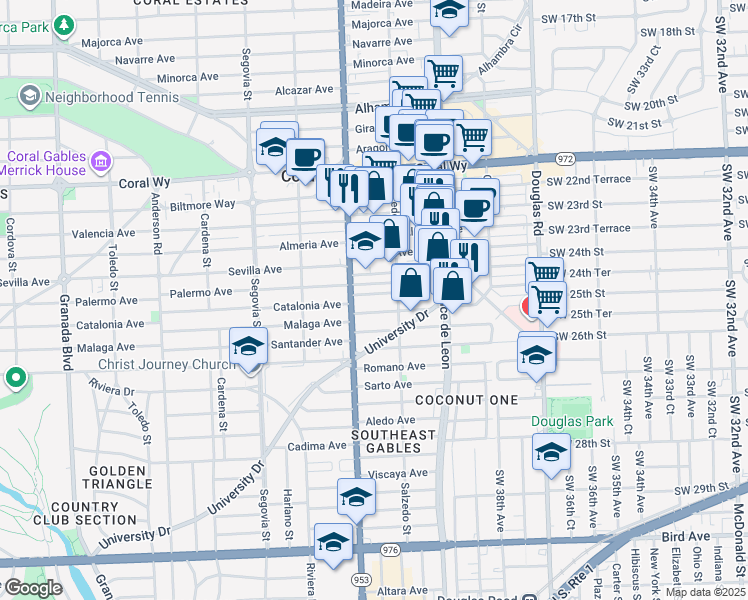 map of restaurants, bars, coffee shops, grocery stores, and more near 346 Catalonia Avenue in Coral Gables