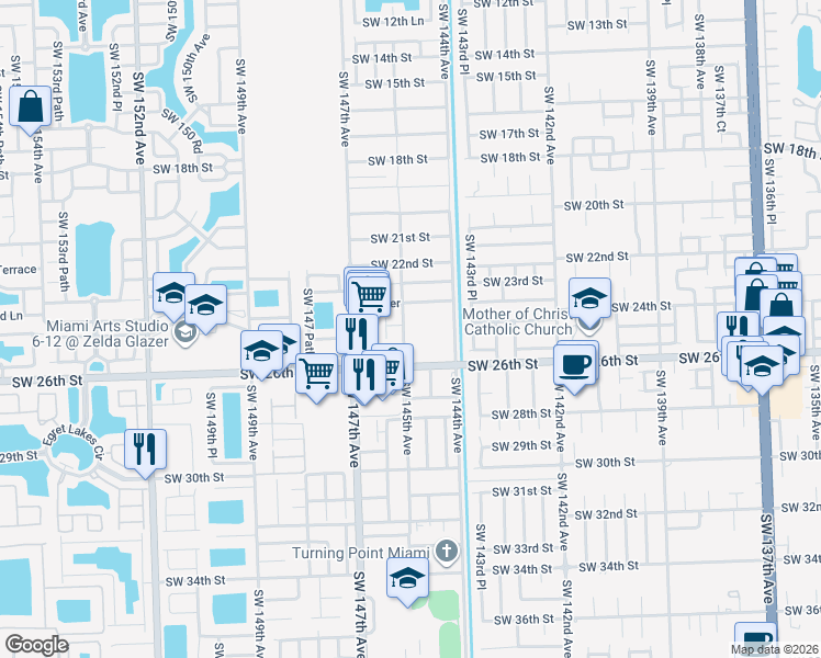 map of restaurants, bars, coffee shops, grocery stores, and more near 2401 Southwest 145th Avenue in Miami