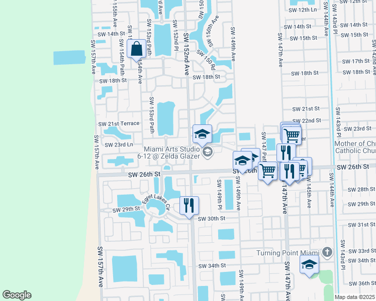 map of restaurants, bars, coffee shops, grocery stores, and more near 15201 Southwest 24th Street in Miami