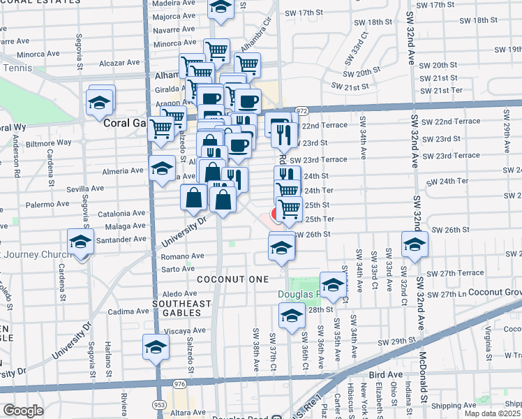 map of restaurants, bars, coffee shops, grocery stores, and more near 33 Santander Avenue in Coral Gables