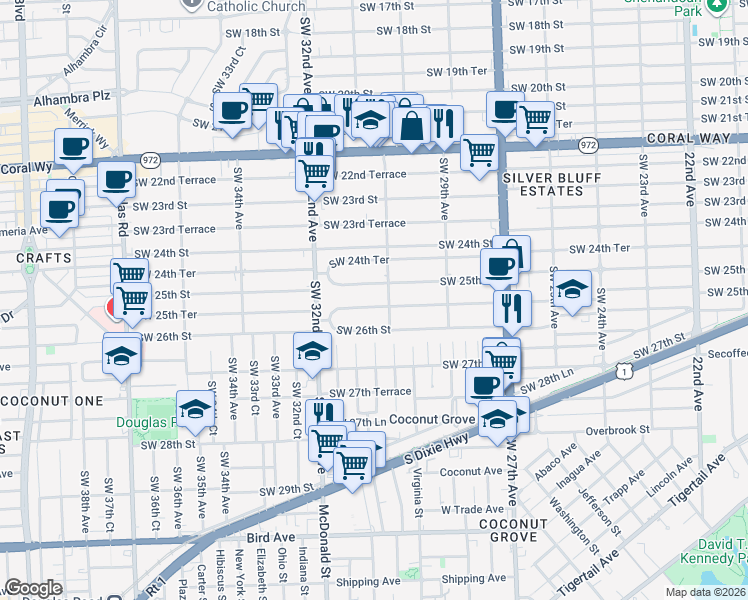 map of restaurants, bars, coffee shops, grocery stores, and more near 3121 Southwest 25th Terrace in Miami