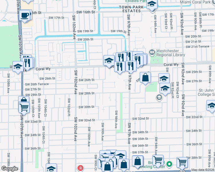 map of restaurants, bars, coffee shops, grocery stores, and more near 9865 Southwest 27th Terrace in Miami
