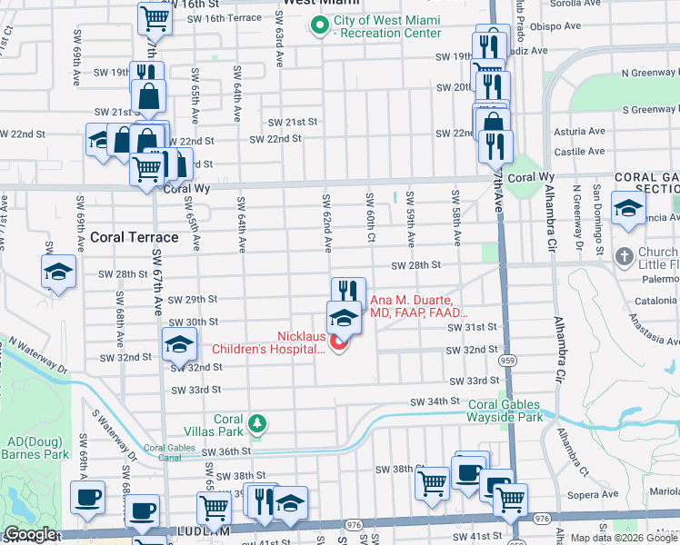 map of restaurants, bars, coffee shops, grocery stores, and more near 6144 Southwest 28th Street in Miami