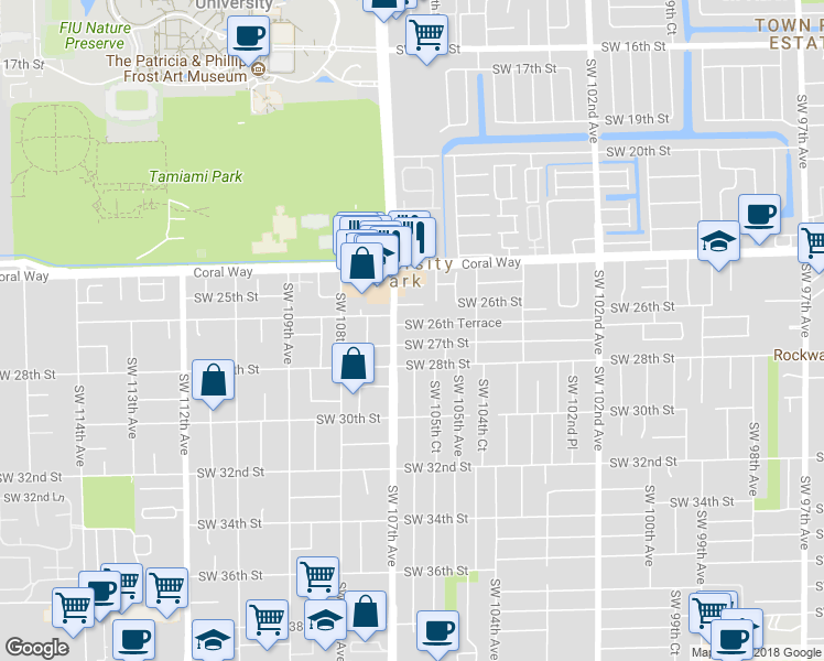 map of restaurants, bars, coffee shops, grocery stores, and more near 10610 Southwest 26th Terrace in Miami