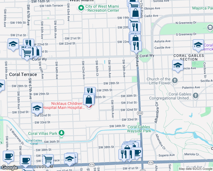 map of restaurants, bars, coffee shops, grocery stores, and more near 5932 Southwest 28th Street in Miami
