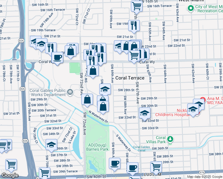 map of restaurants, bars, coffee shops, grocery stores, and more near 2720 Southwest 69th Avenue in Miami