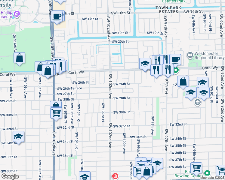 map of restaurants, bars, coffee shops, grocery stores, and more near 10140 Southwest 26th Terrace in Miami