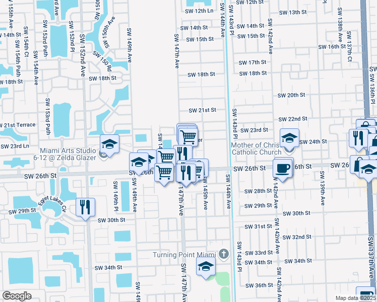 map of restaurants, bars, coffee shops, grocery stores, and more near 2419 Southwest 147th Avenue in Miami