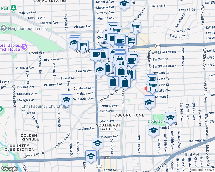 map of restaurants, bars, coffee shops, grocery stores, and more near 3000 Salzedo Street in Coral Gables