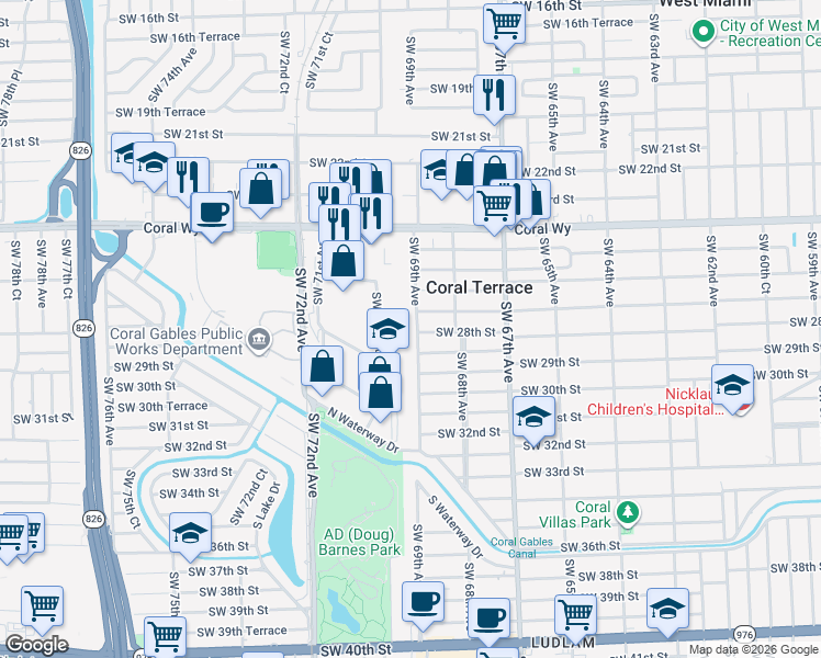 map of restaurants, bars, coffee shops, grocery stores, and more near 2720 Southwest 69th Avenue in Miami