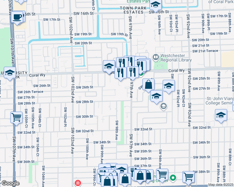 map of restaurants, bars, coffee shops, grocery stores, and more near 2701 Southwest 98th Avenue in Miami