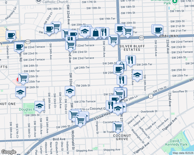 map of restaurants, bars, coffee shops, grocery stores, and more near 3031 Southwest 25th Terrace in Miami