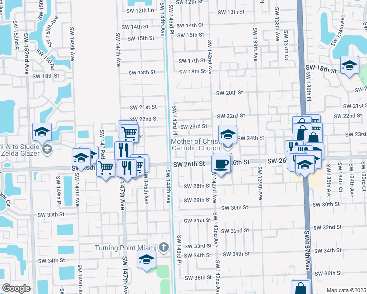 map of restaurants, bars, coffee shops, grocery stores, and more near 2410 Southwest 143rd Court in Miami