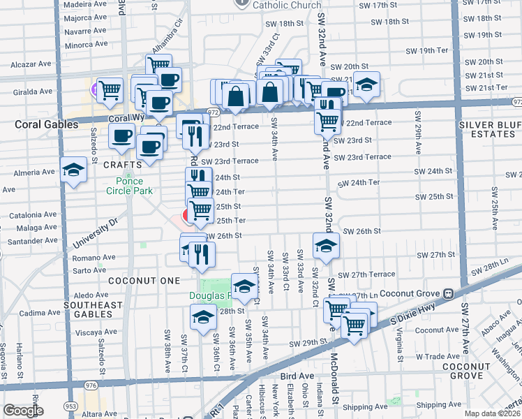 map of restaurants, bars, coffee shops, grocery stores, and more near 3432 Southwest 25th Street in Miami