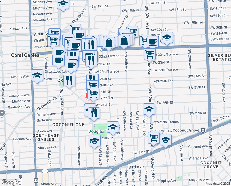 map of restaurants, bars, coffee shops, grocery stores, and more near 3562 Southwest 25th Street in Miami