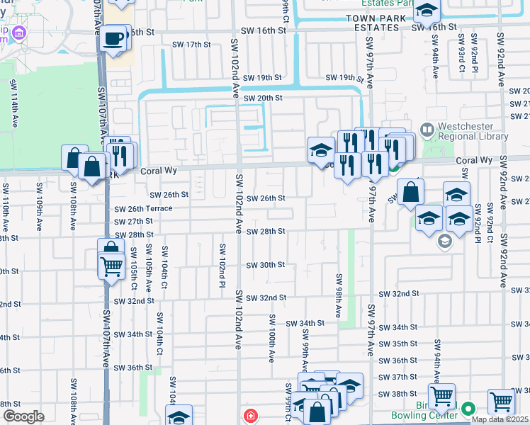 map of restaurants, bars, coffee shops, grocery stores, and more near 10050 Southwest 26th Terrace in Miami