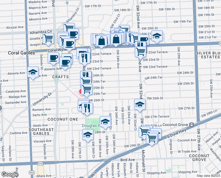 map of restaurants, bars, coffee shops, grocery stores, and more near 3432 Southwest 25th Street in Miami