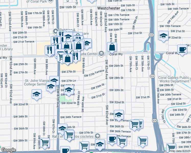 map of restaurants, bars, coffee shops, grocery stores, and more near 8281 Southwest 27th Lane in Miami