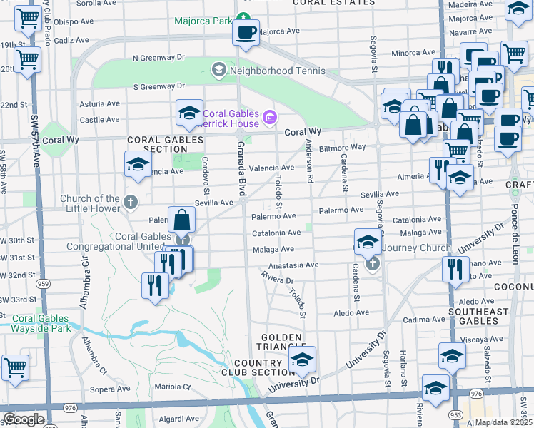 map of restaurants, bars, coffee shops, grocery stores, and more near 935 Palermo Avenue in Coral Gables