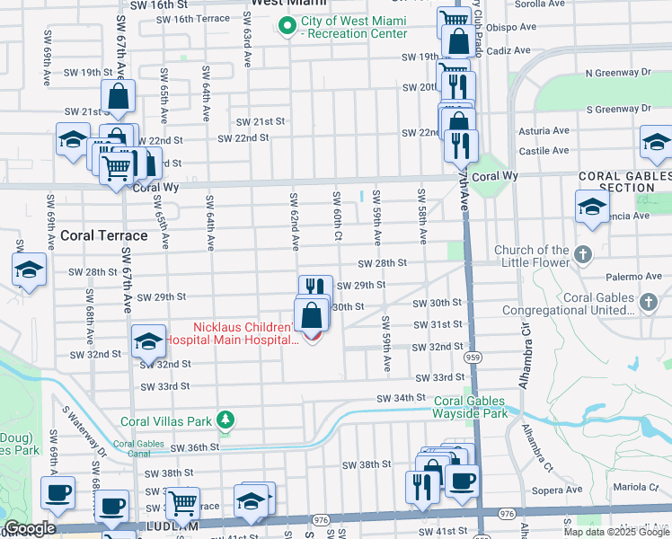 map of restaurants, bars, coffee shops, grocery stores, and more near 2800 Southwest 60th Court in Miami