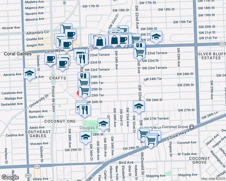 map of restaurants, bars, coffee shops, grocery stores, and more near 3432 Southwest 25th Street in Miami