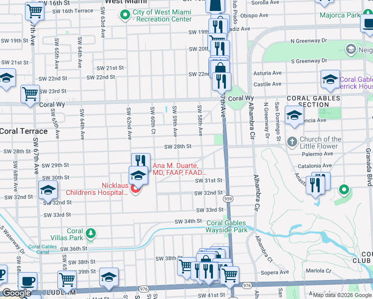 map of restaurants, bars, coffee shops, grocery stores, and more near 5866 SW 28th St in Miami