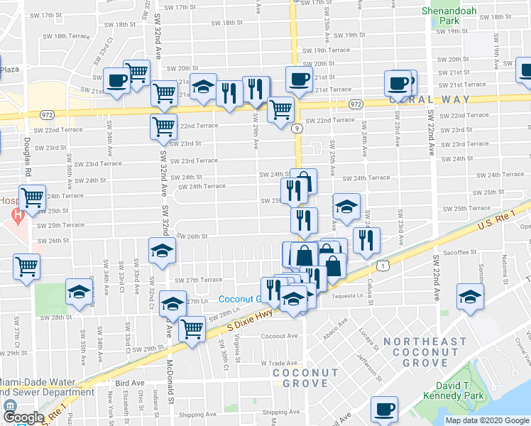 map of restaurants, bars, coffee shops, grocery stores, and more near 2801 Southwest 25th Terrace in Miami